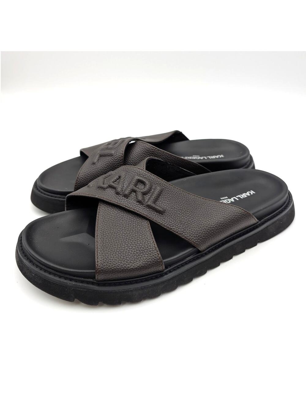 Karl Lagerfeld Paris Logo Crisscross Slide Sandals Men's Brown Size US11M EU44